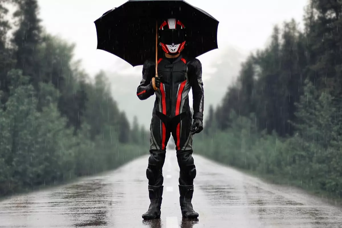 Motociclista sotto la pioggia.
