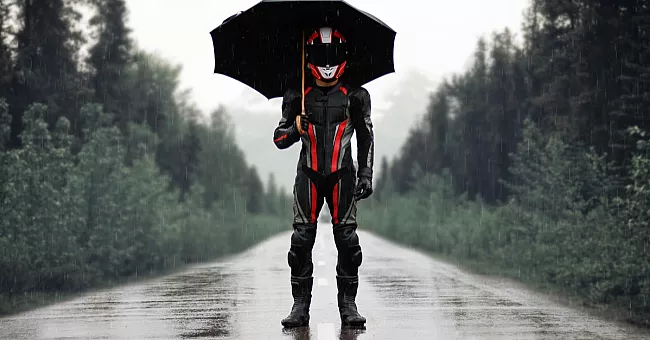 Motociclista sotto la pioggia.