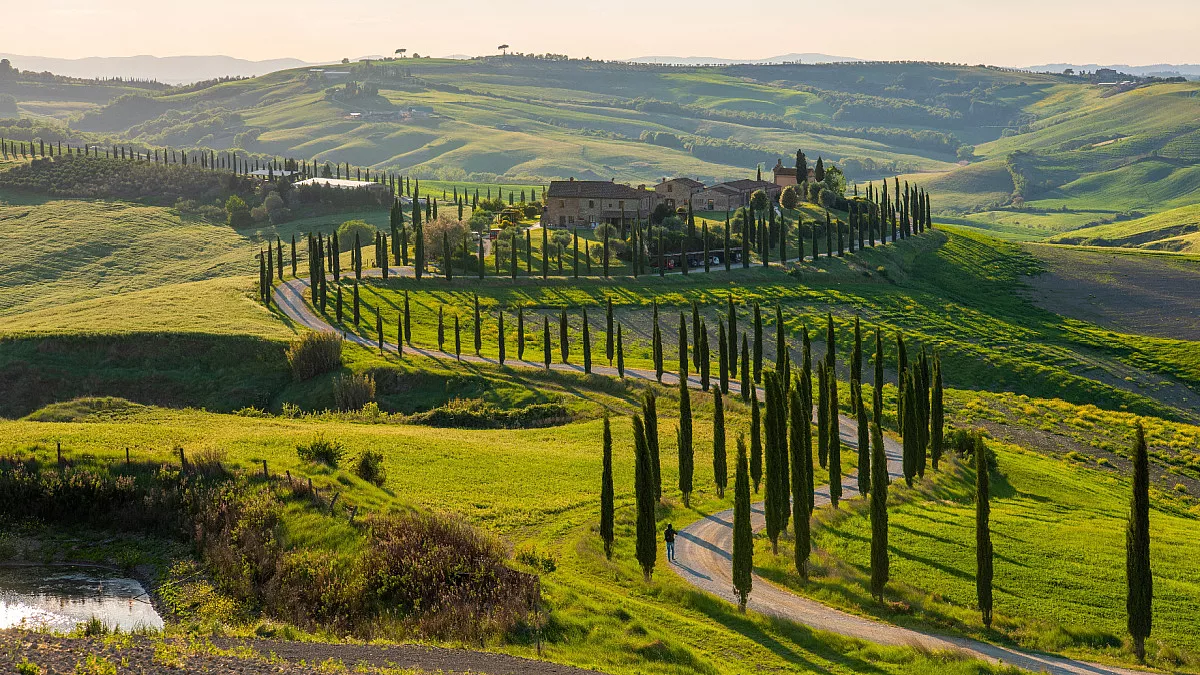 Fattoria e strada di campagna con i cipressi vicino Asciano, nelle Terre Senesi, e le colline della Val d'Orcia. Altug Galip/Shutterstock.com
