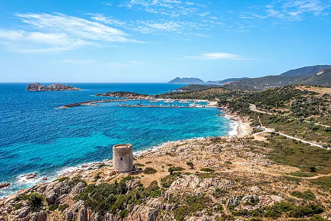 S.P.71, Strada panoramica Costa del Sud in moto, Chia, Sud Sardegna. Shutterstock_2458074381